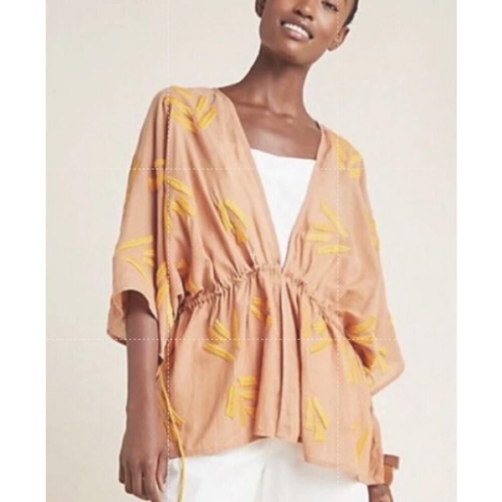 Anthropologie Maeve‎ Adriene Gauze Embroidered Kimono Top Rust Brown XS/S Boho